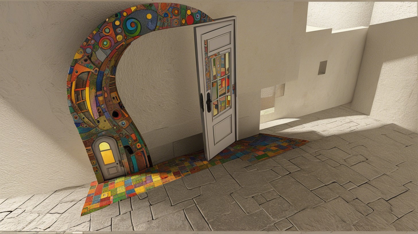 Whimsical Archway with Colorful Stained-Glass Door