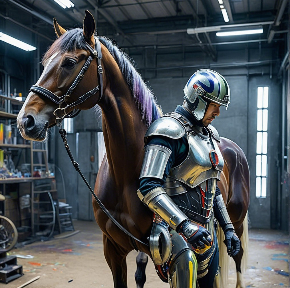 Futuristic Knight and Horse in Dimly Lit Workshop