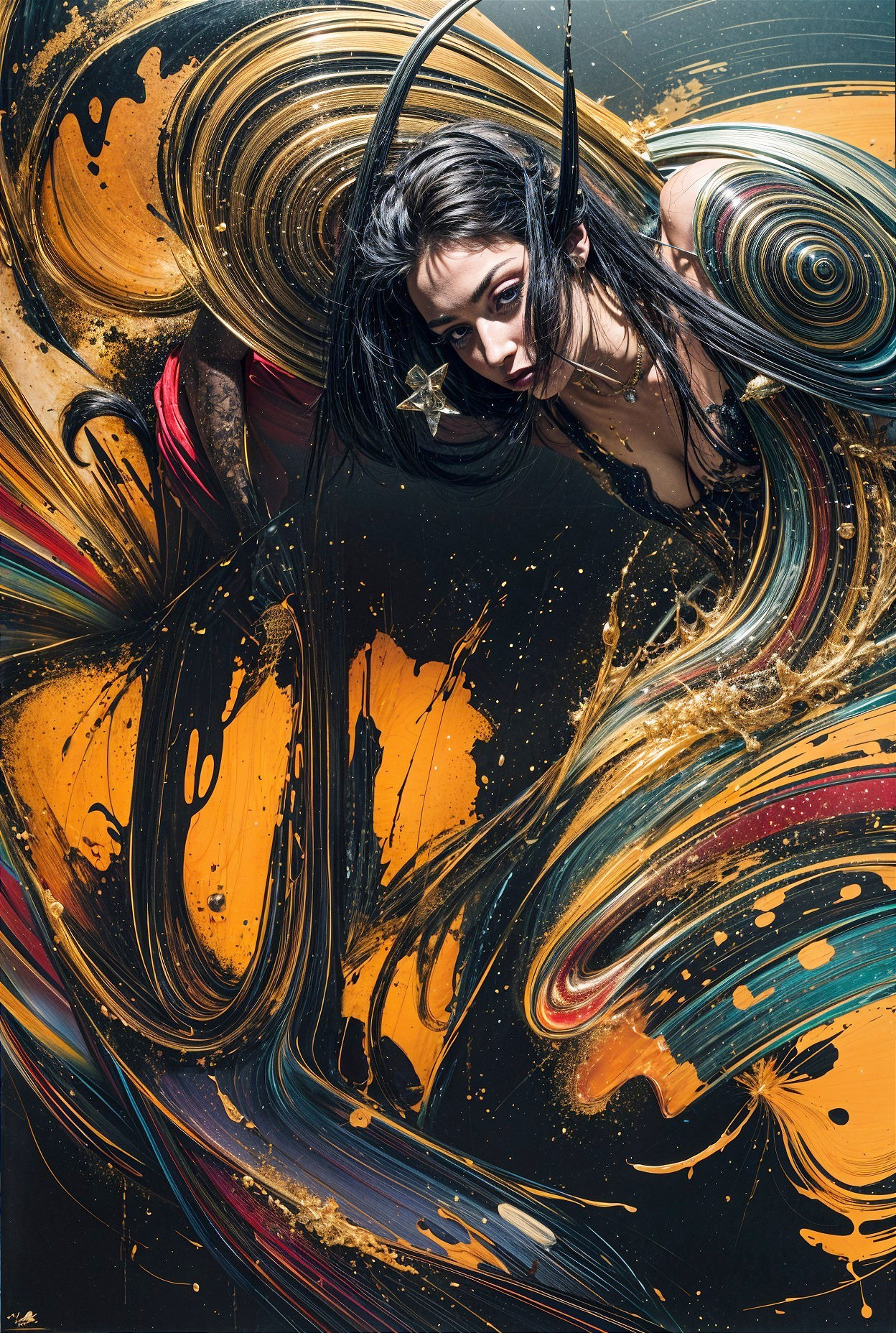 Woman with Dark Hair in Abstract Color Swirl