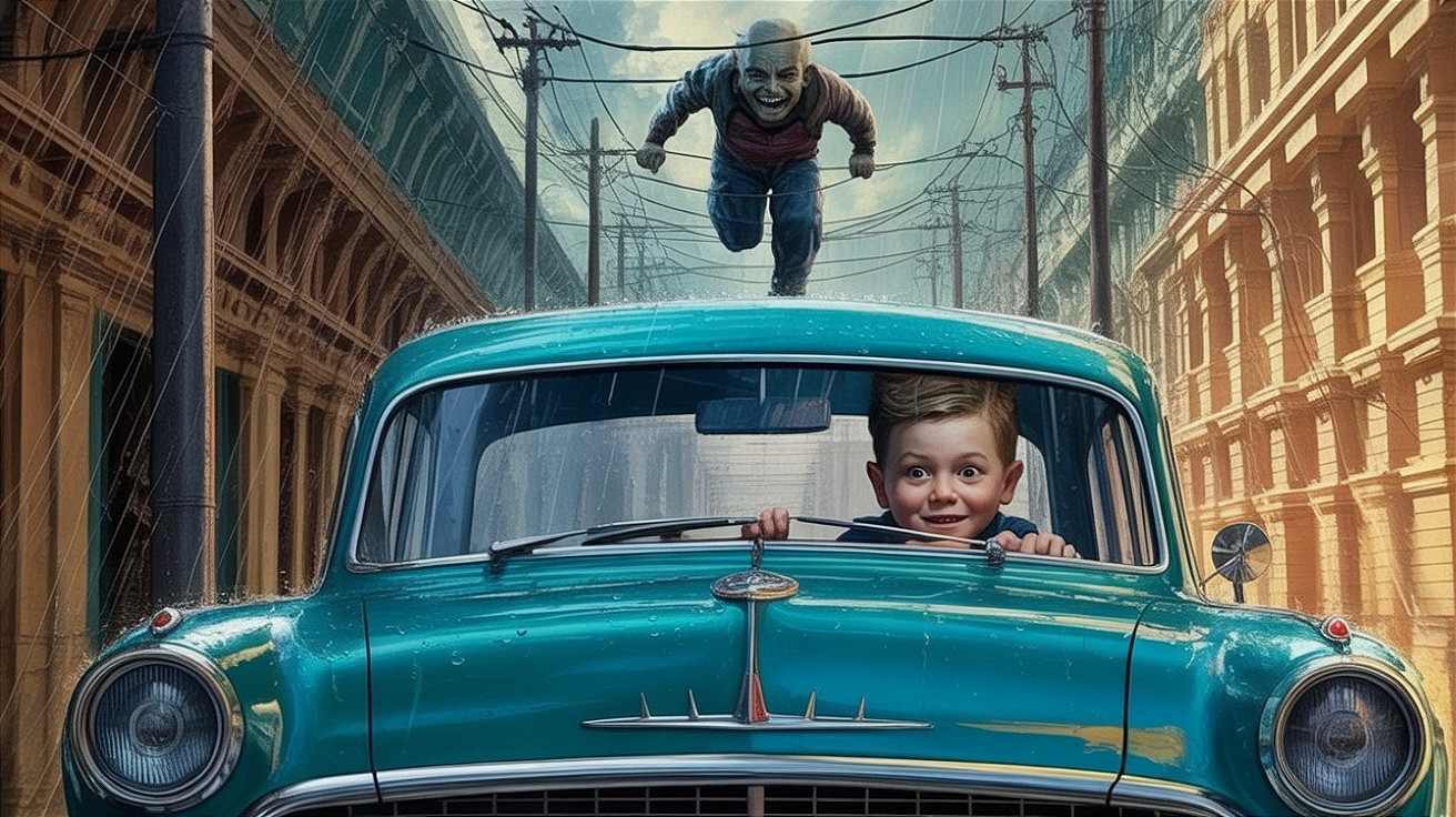 Vintage Turquoise Car in Deserted City with Superhero