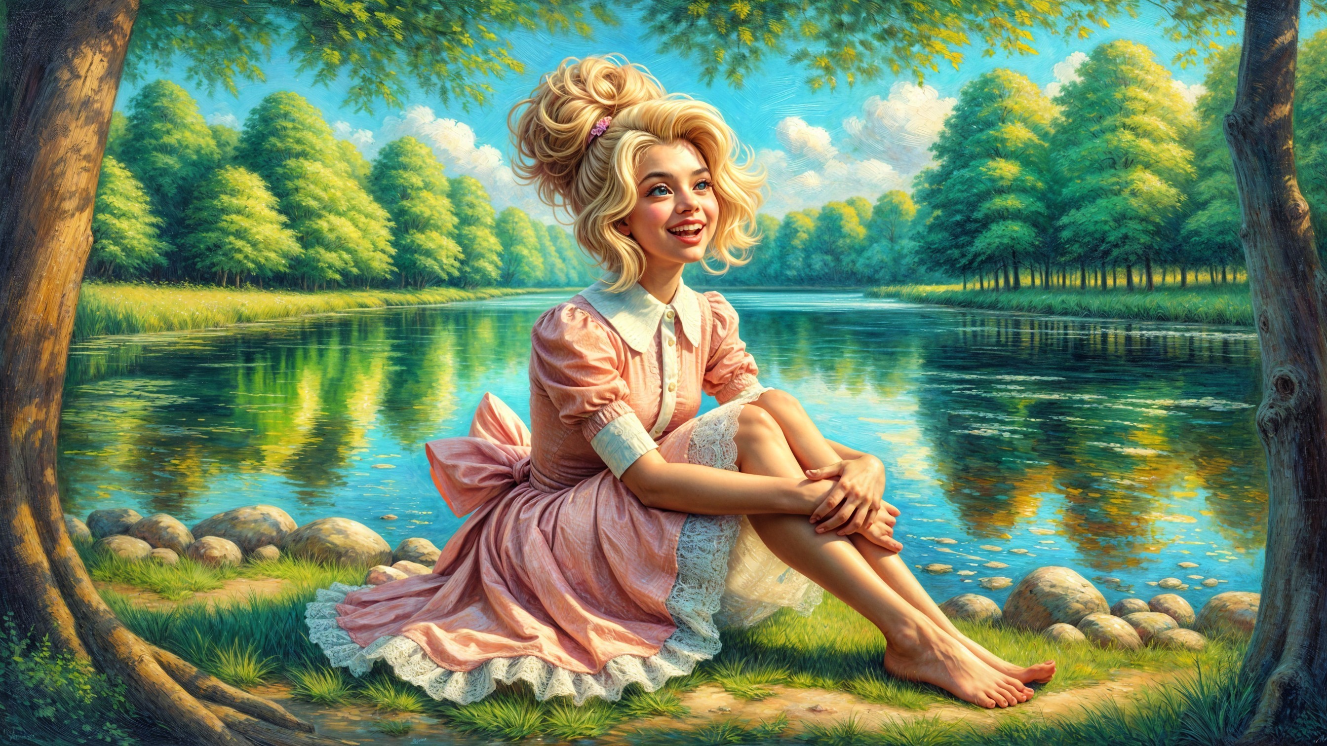 Young girl in vintage pink dress by serene lake