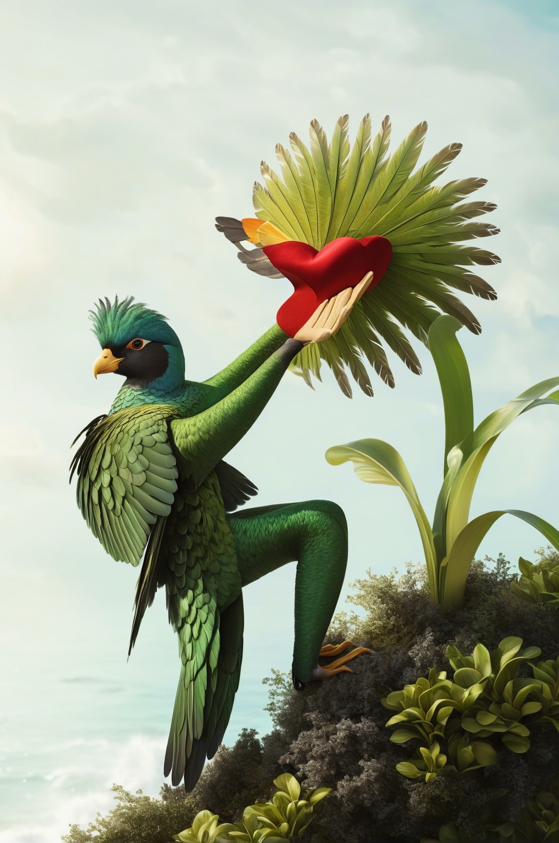 Vibrant Fantastical Bird with Heart-Shaped Object