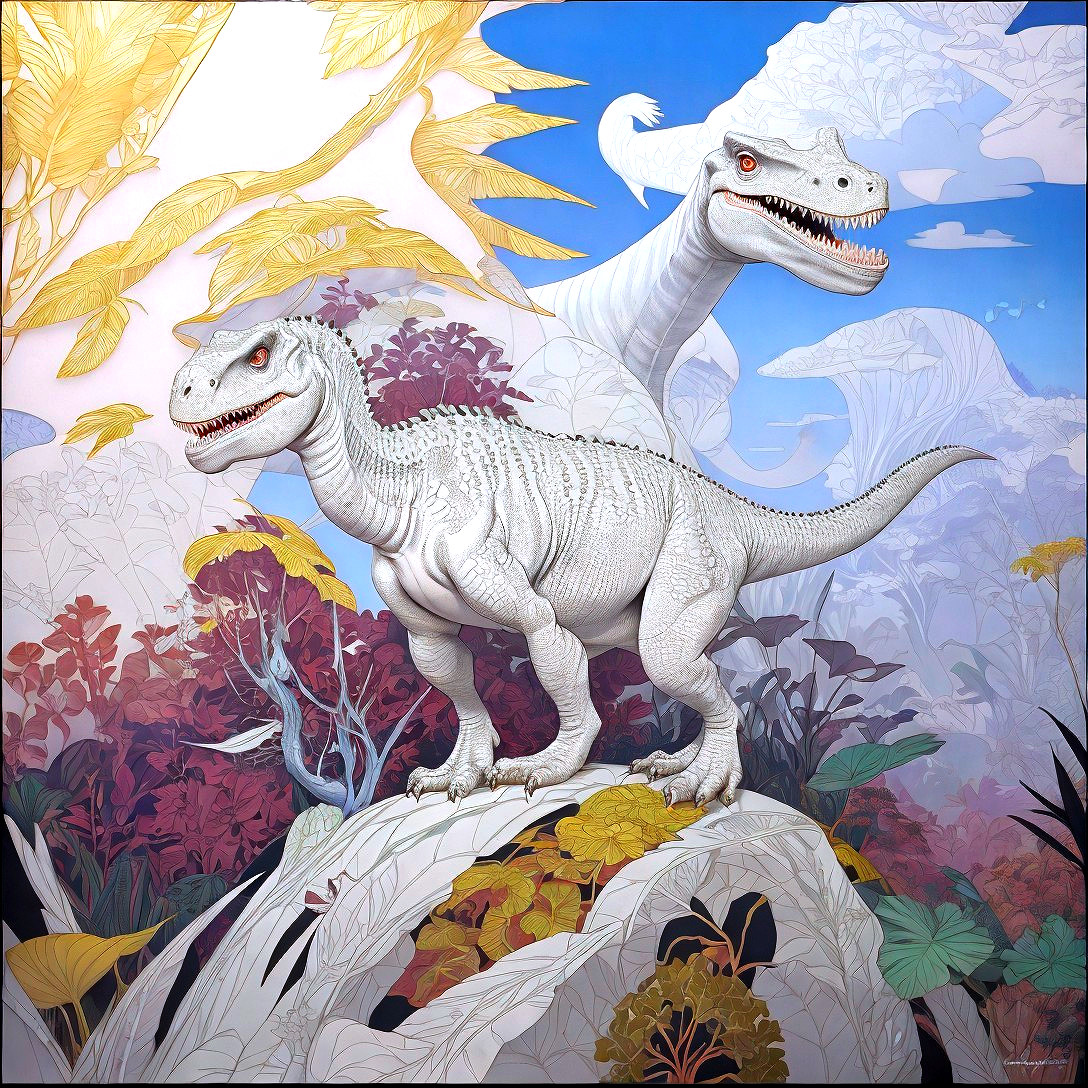 Dinosaur Creatures in a Vibrant Fantasy Landscape