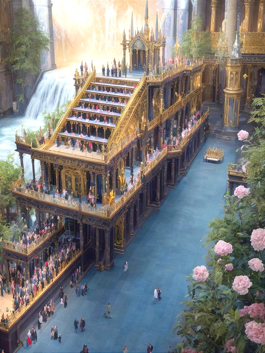 Ornate palace-like structure with waterfalls and greenery