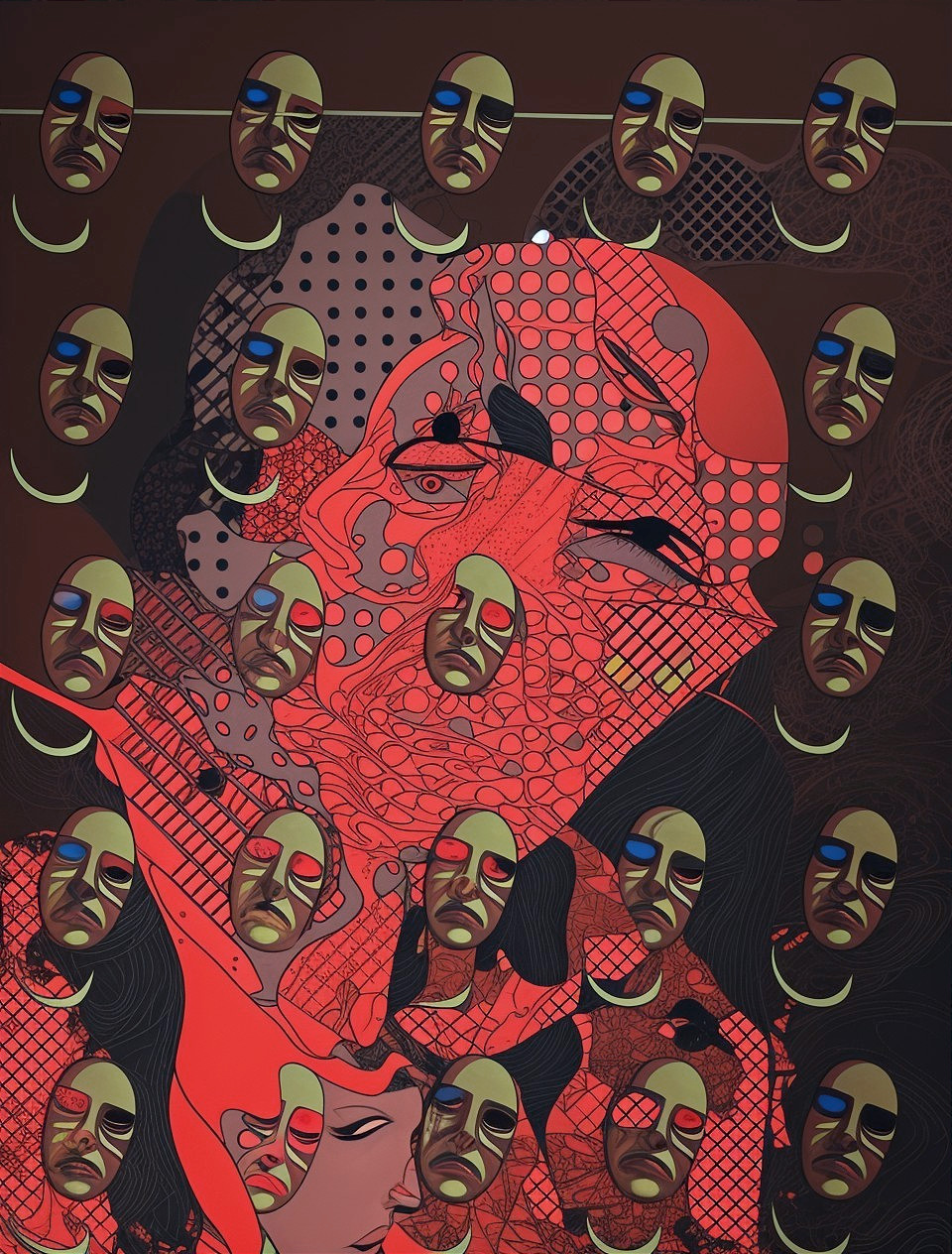 Vibrant Composition with Central Figure and Masks