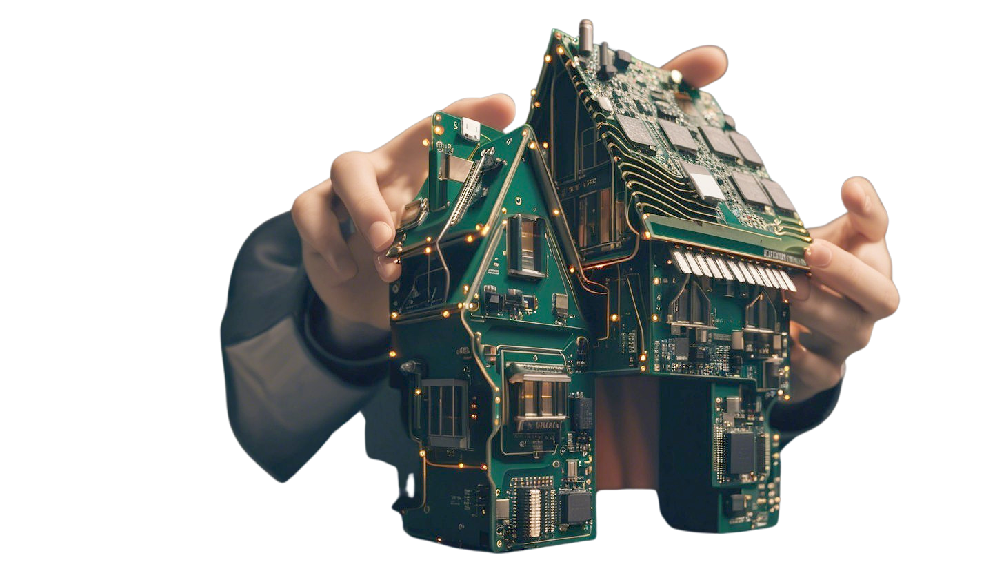 Hands Holding a Circuit Board Model House Design