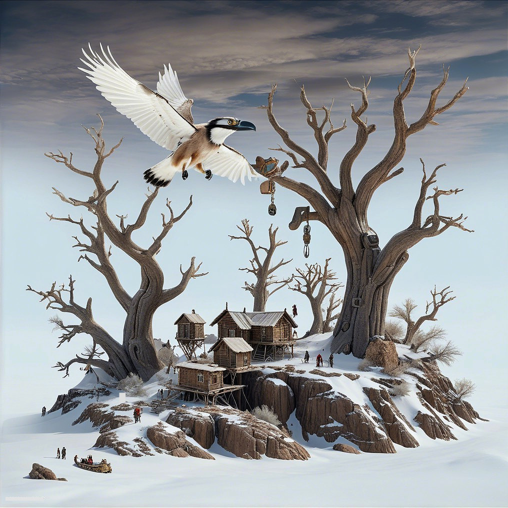 Whimsical Wintry Landscape with Fantasy Elements