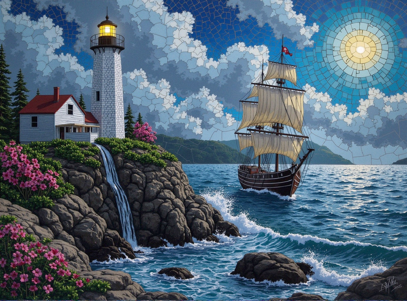 Coastal Scene with Lighthouse, Waterfall, and Ship