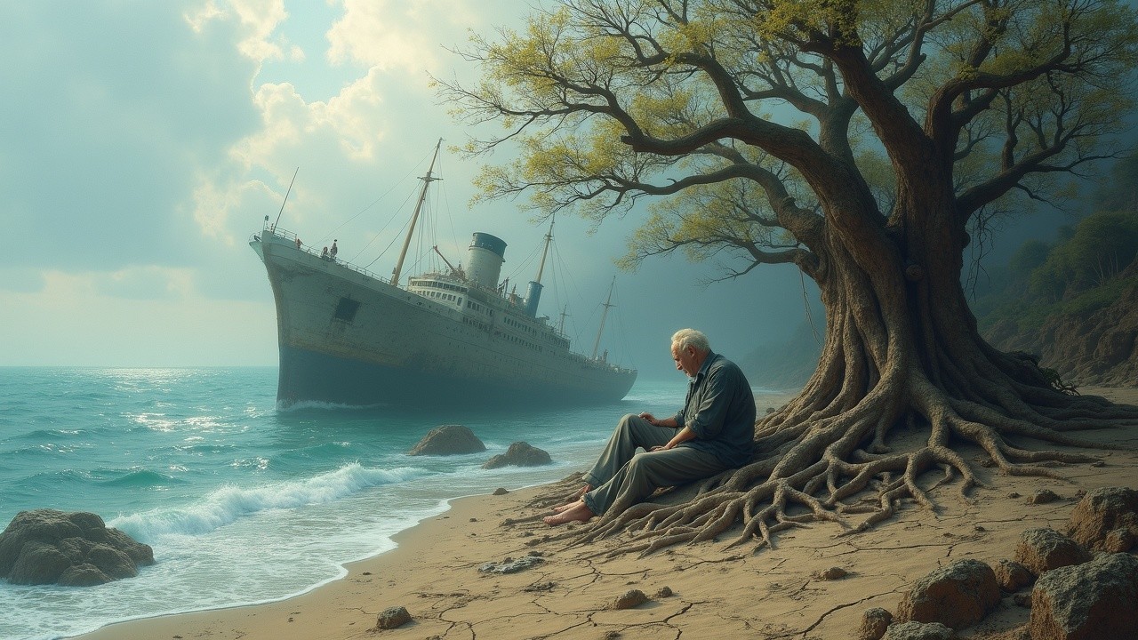 Elderly Man Reflects Beneath Tree by Shipwrecked Vessel