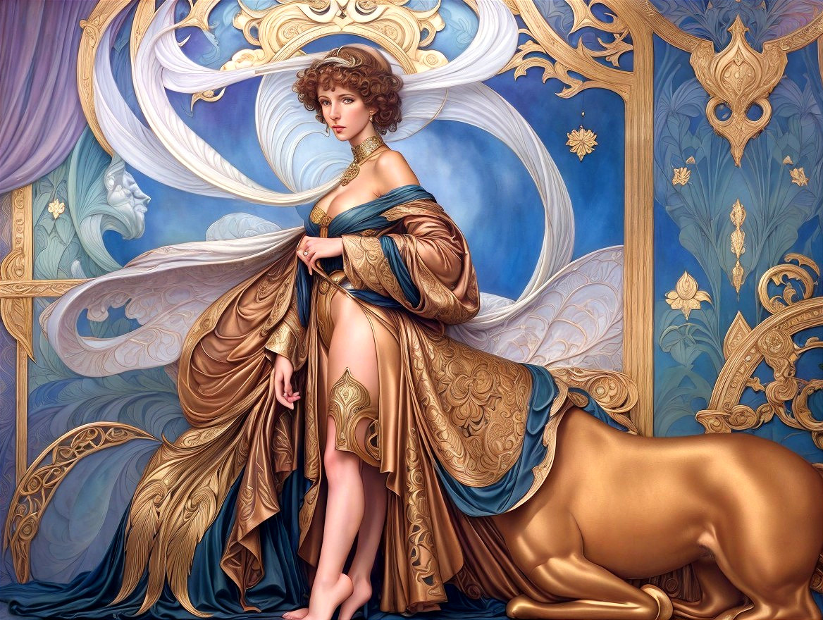 Woman in Luxurious Robe Beside Majestic Lion