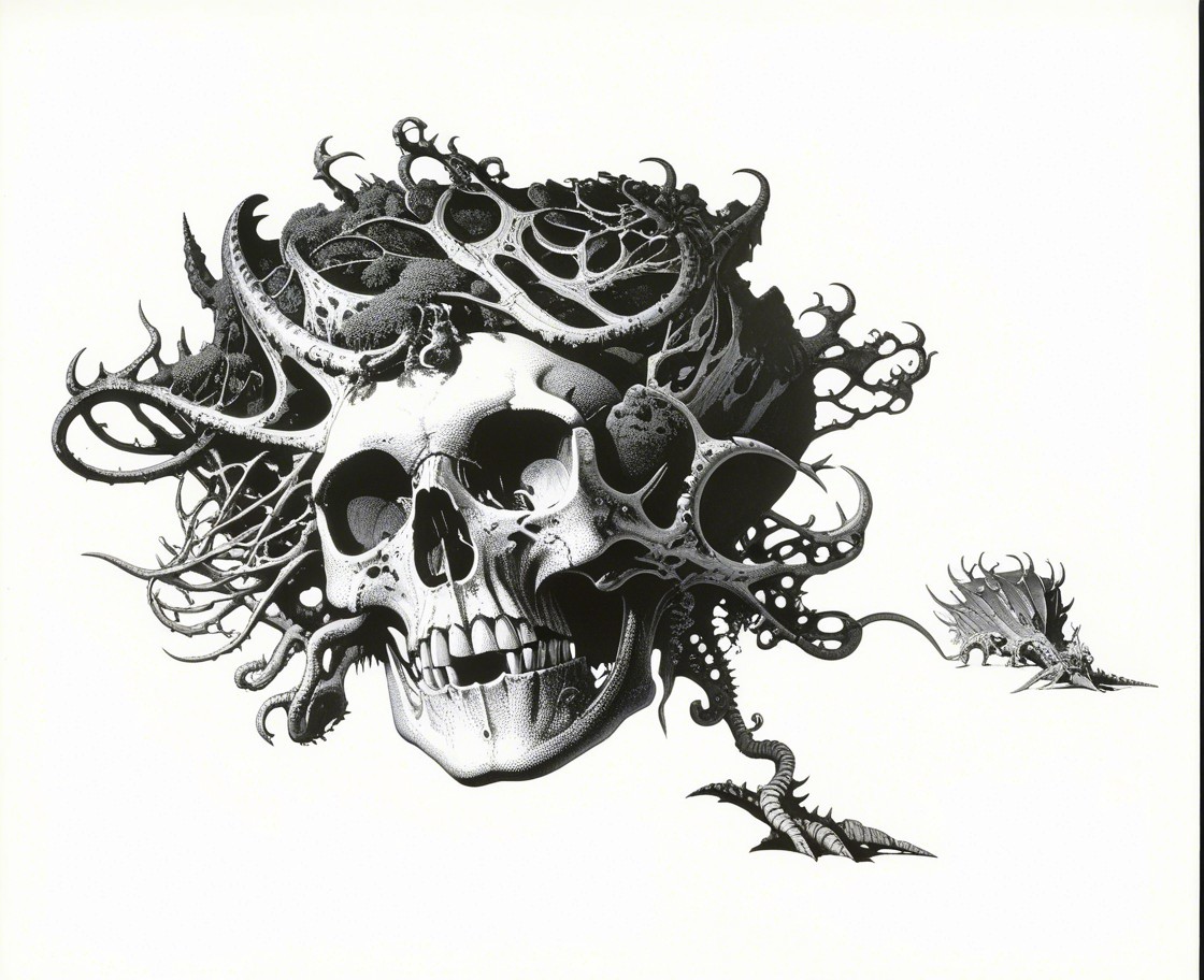Surreal Skull with Organic Plant and Animal Forms