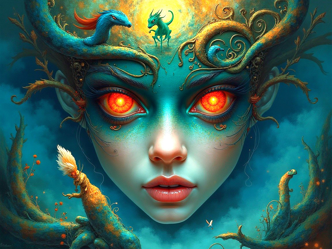 Mystical Portrait of a Woman with Glowing Orange Eyes
