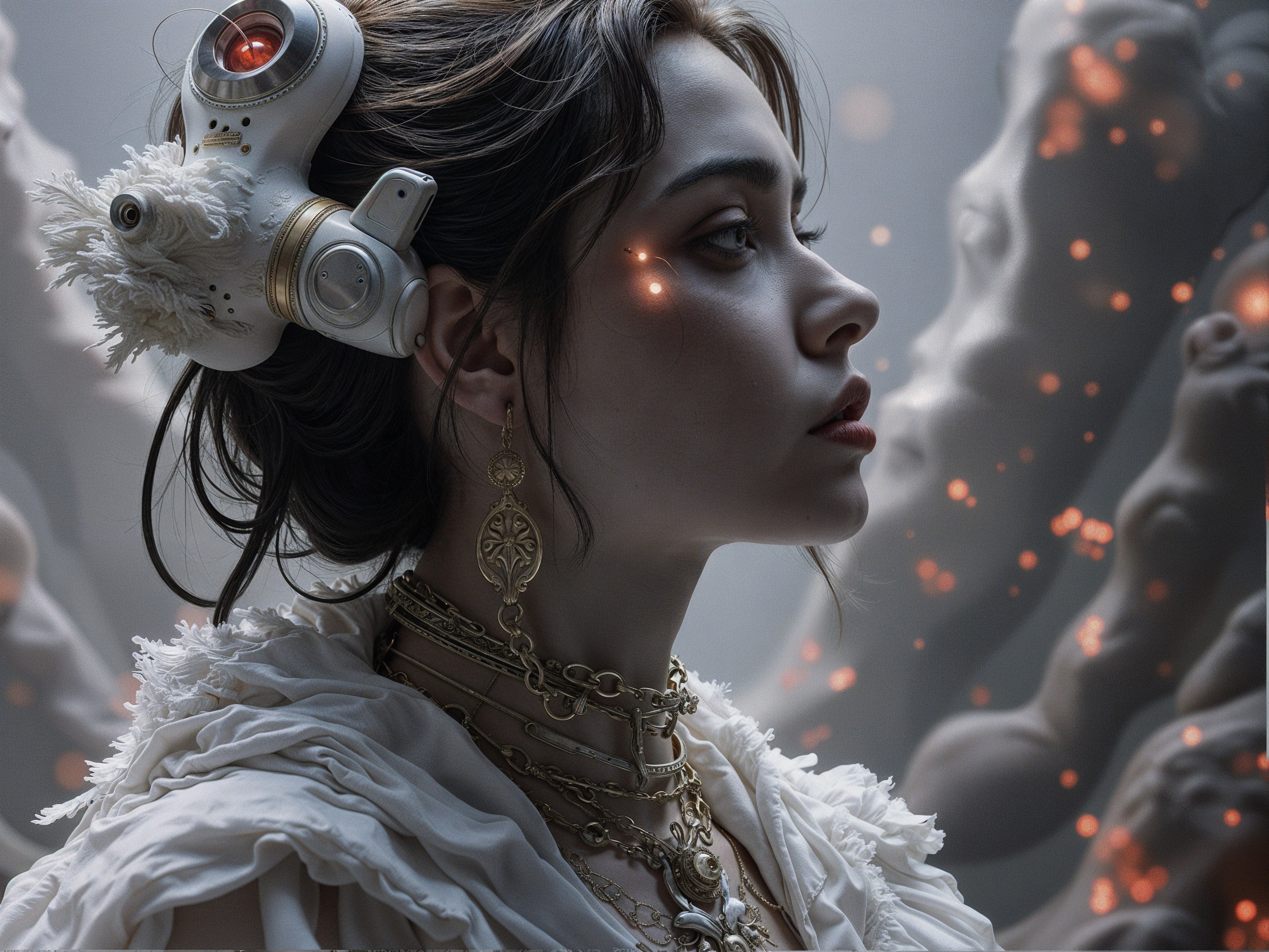 Profile of a woman with intricate jewelry and headpiece