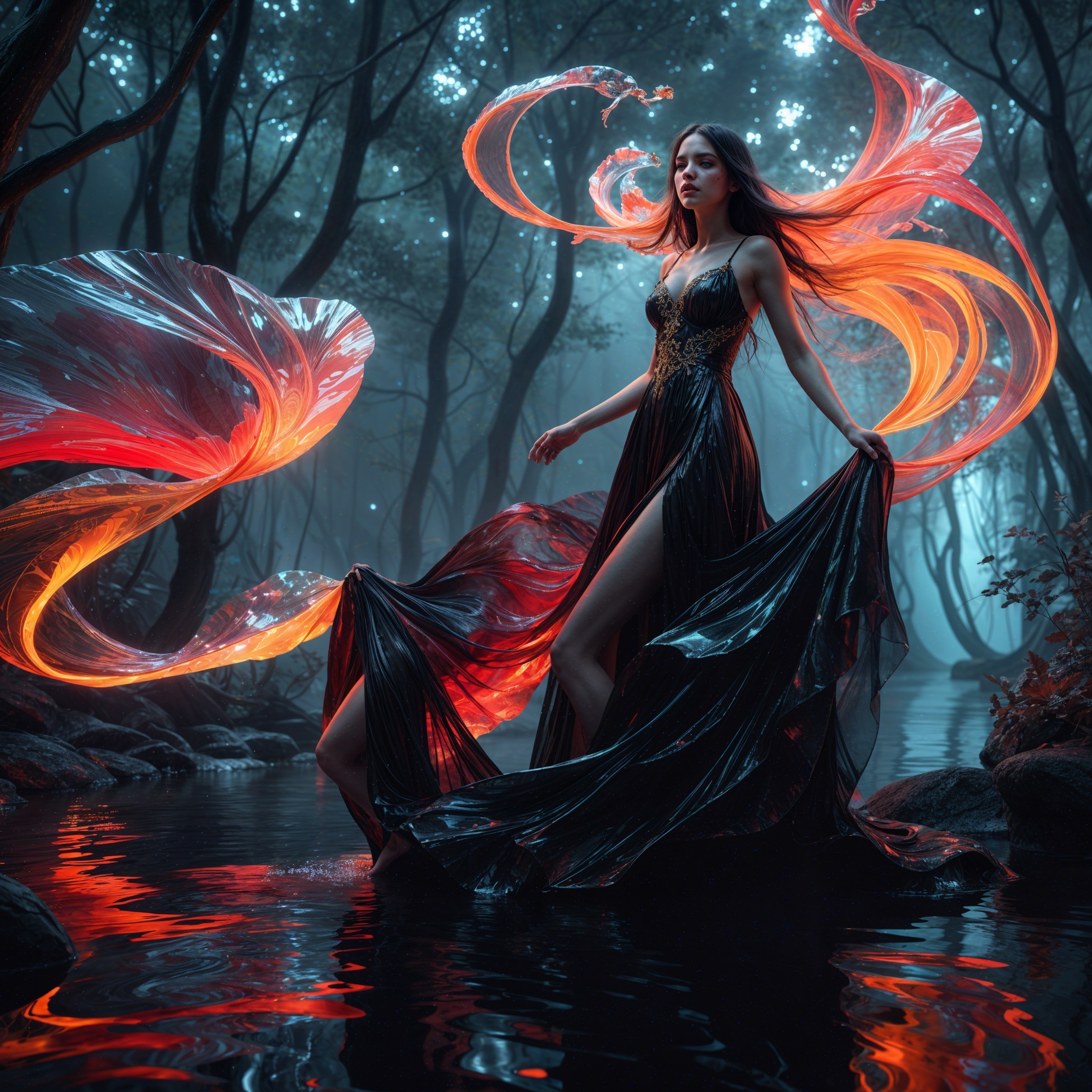 Mystical Forest Scene with Woman in Black Gown