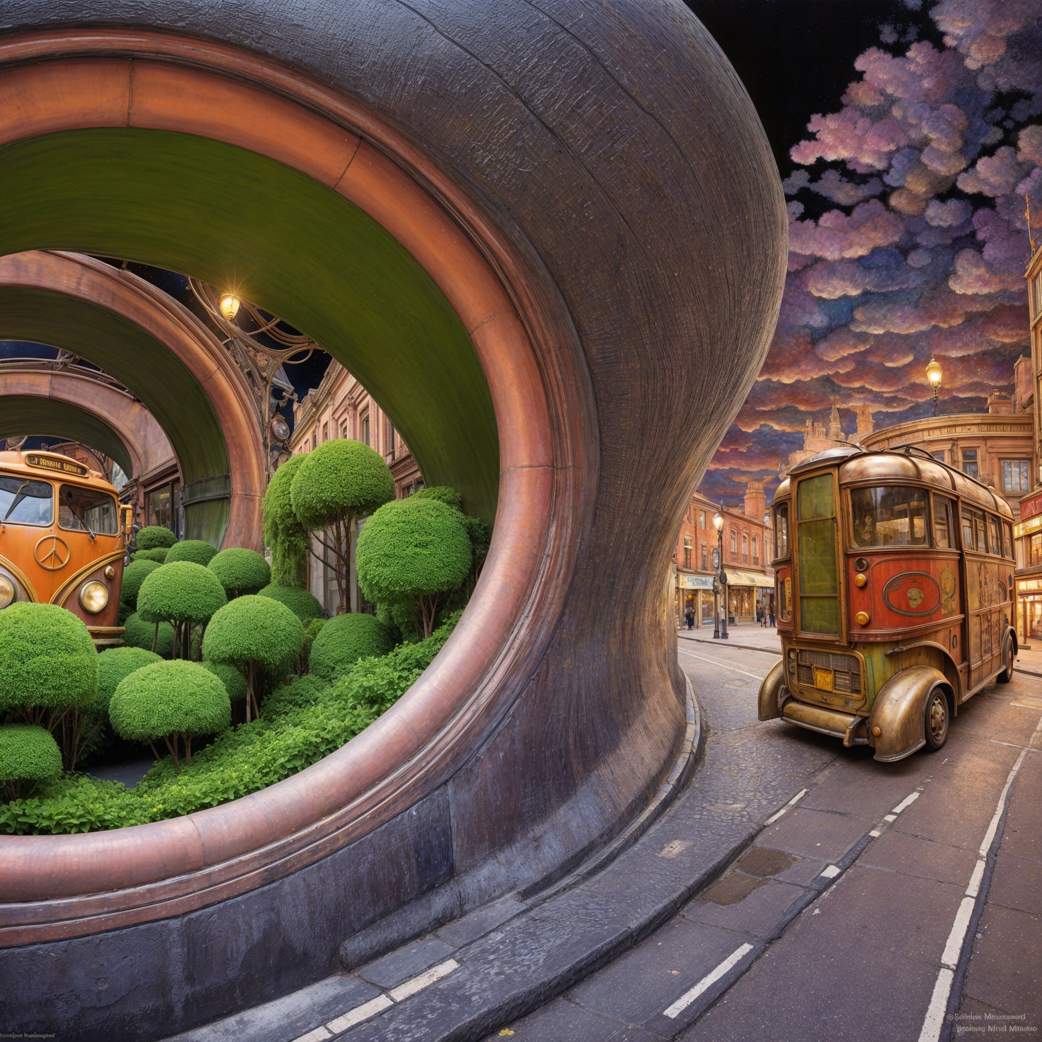 Surreal Urban Landscape with Curved Architecture and Vintage Vehicles