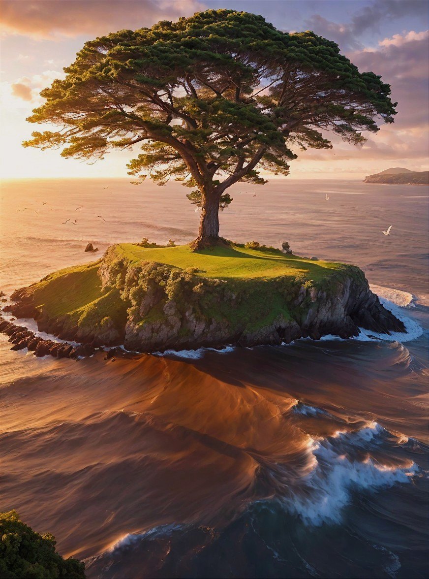 Solitary Tree on Rocky Island at Sunset with Seagulls