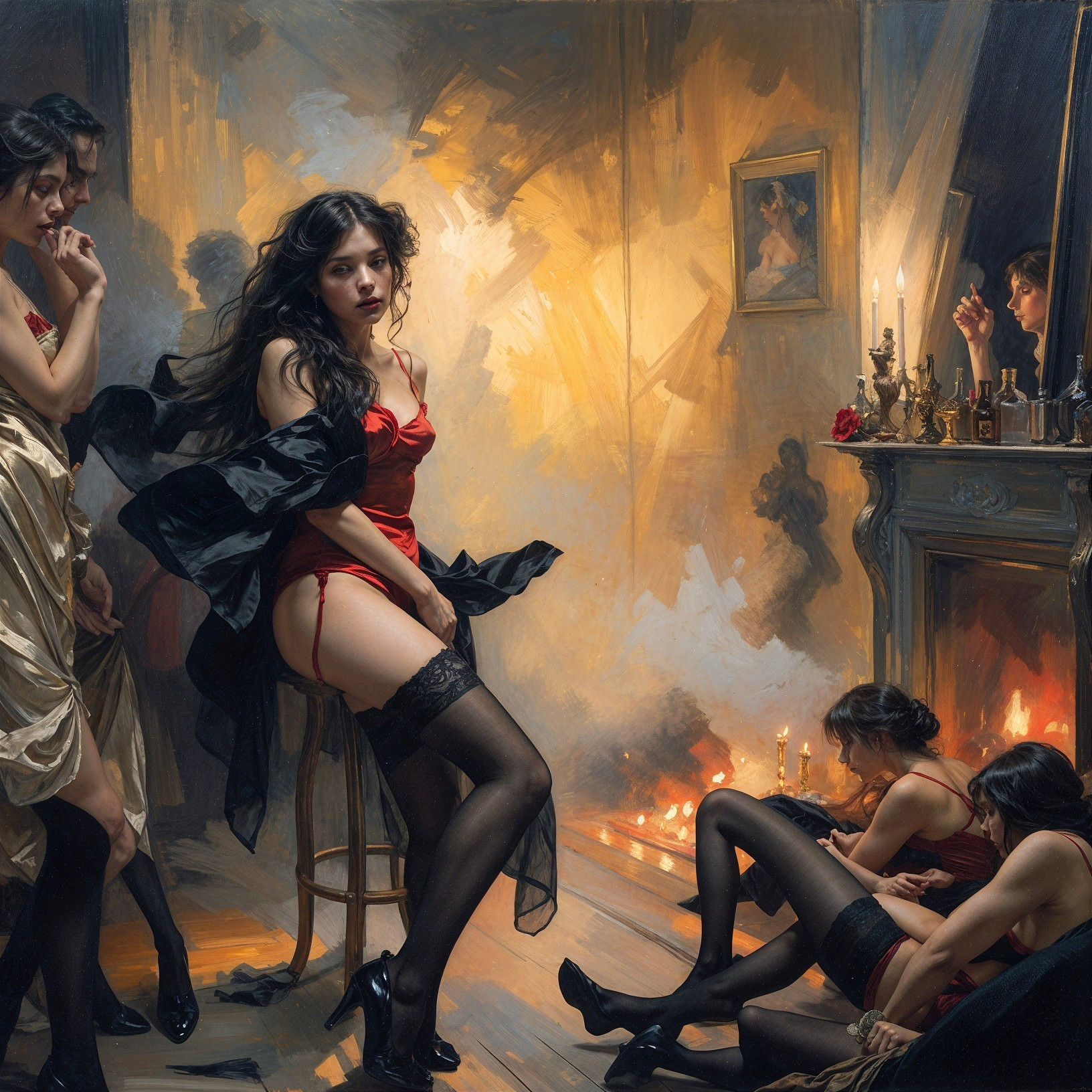 Dramatic Room with Candlelight and Elegant Figures