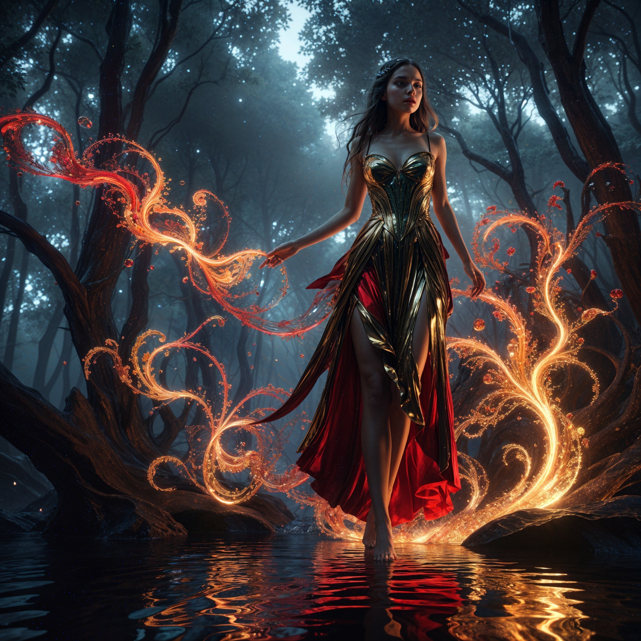 Mystical Forest Scene with Flowing Hair and Flames