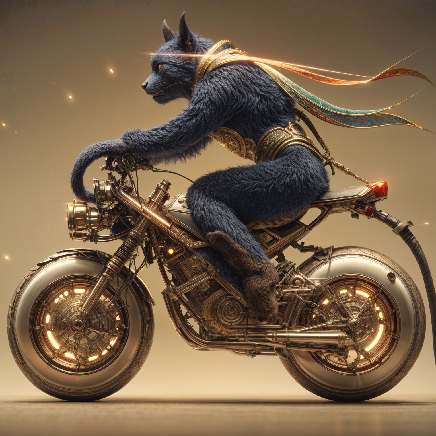 Blue-Furred Feline Creature on Futuristic Motorcycle