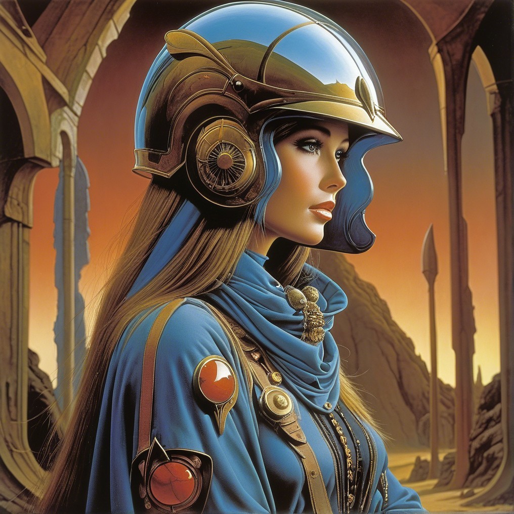 Futuristic Warrior Woman in Dramatic Sunset Setting