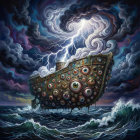 Abstract Horror Fantasy Oil Painting of Eyed Ship
