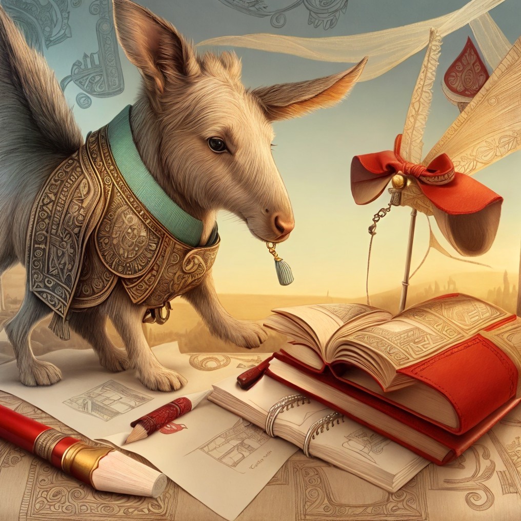 Fantastical Dog in Elegant Vest Examines Open Book