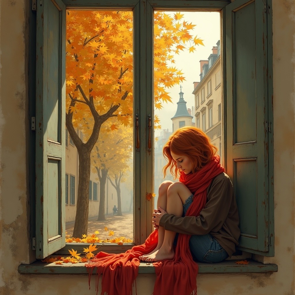 Autumn Scene of a Woman in a Cozy Window Seat