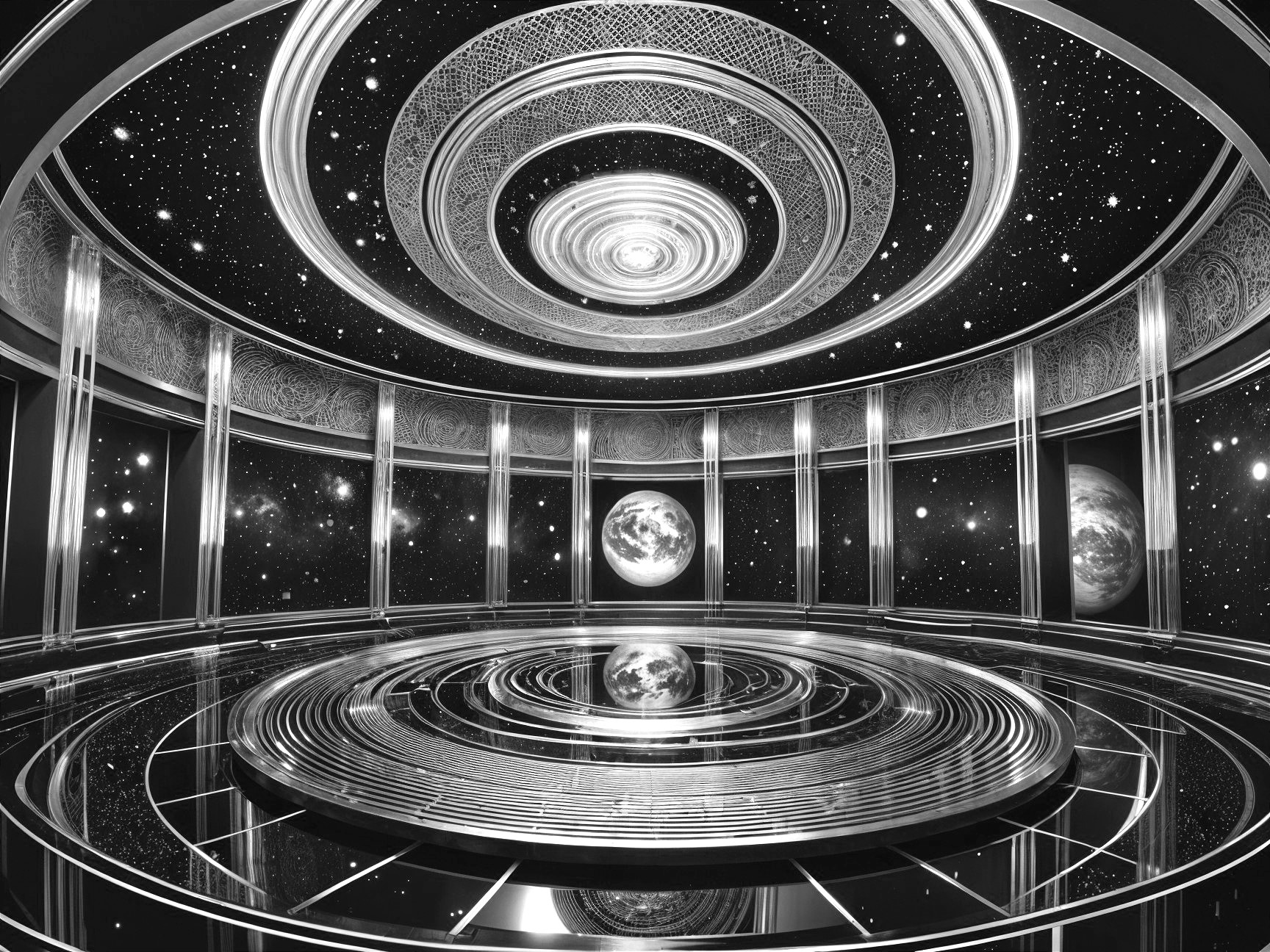 Futuristic Circular Room with Cosmic Ambiance and Globe