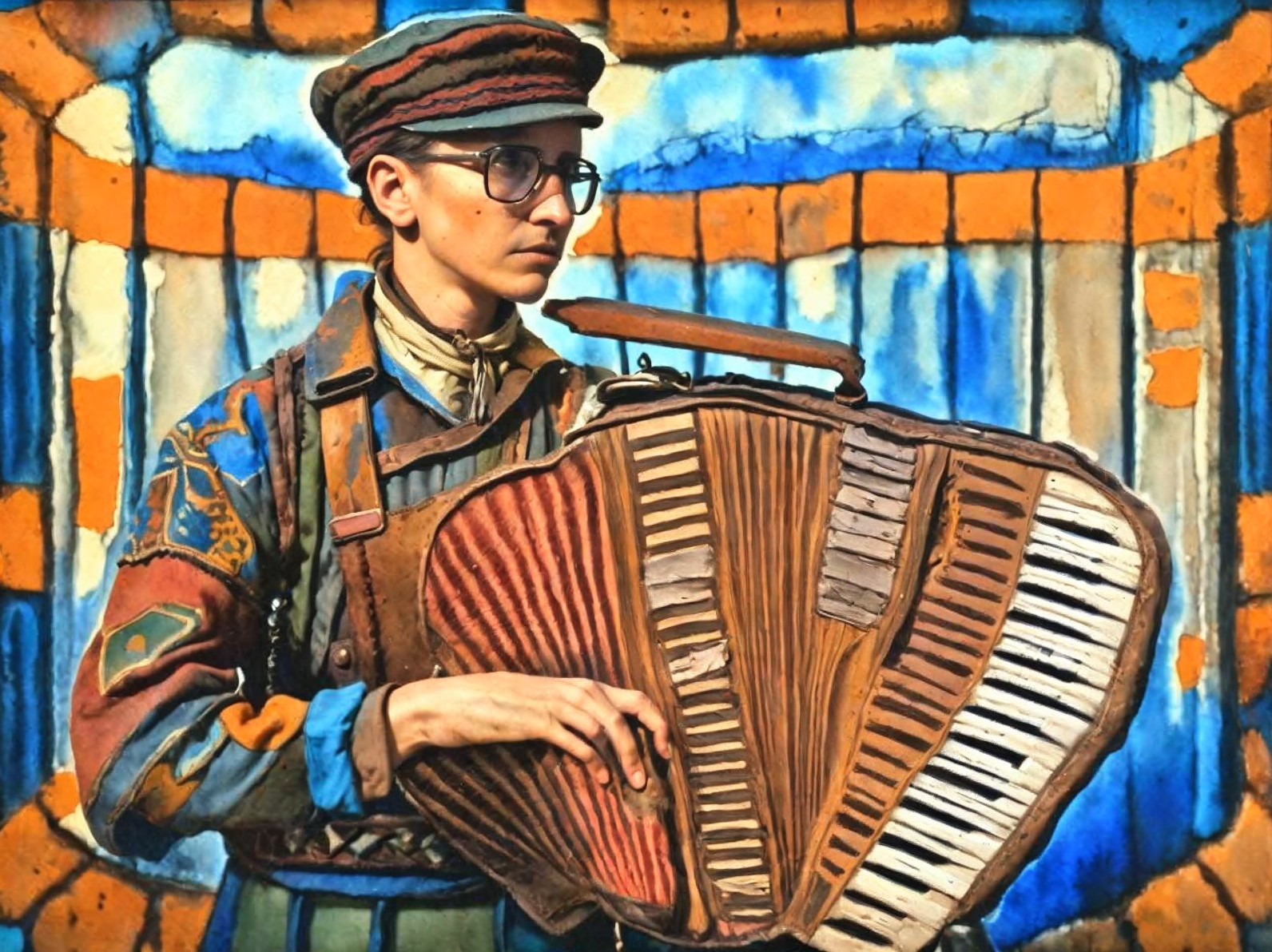 Musician Playing Accordion Against Stained Glass Backdrop