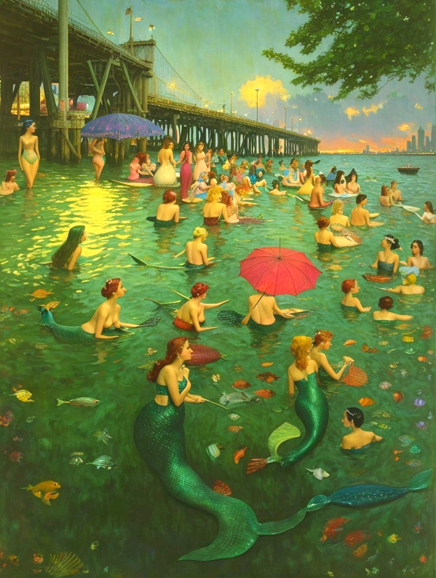 Mermaids and Women in a Sunlit Seaside Harbor Scene