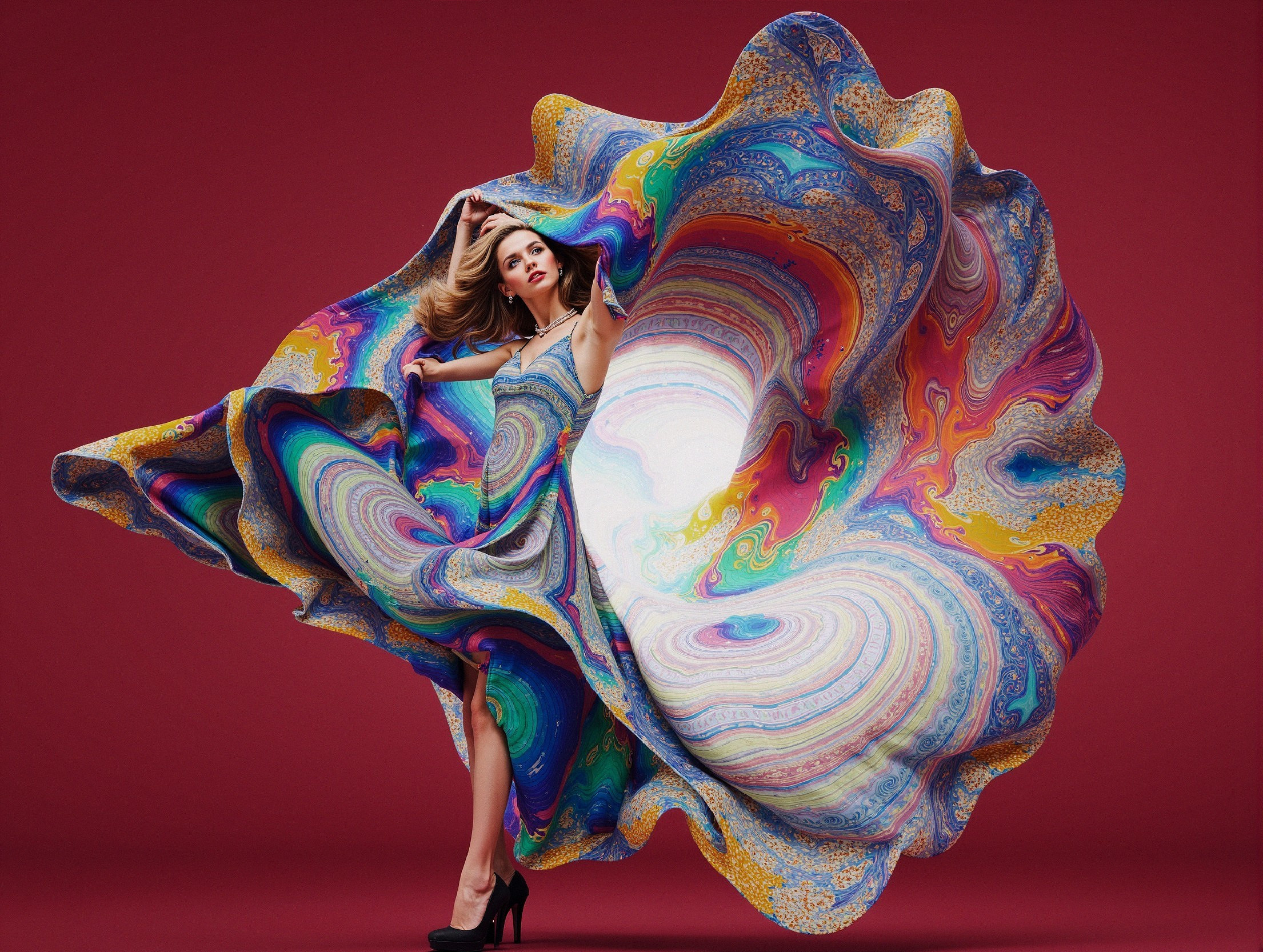 Model in Vibrant Swirling Gown Against Red Backdrop
