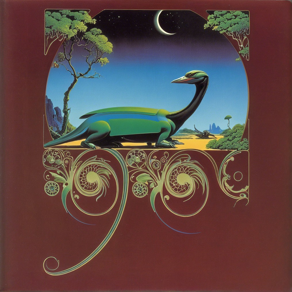 Surreal Landscape with Dinosaur-like Creature and Moon