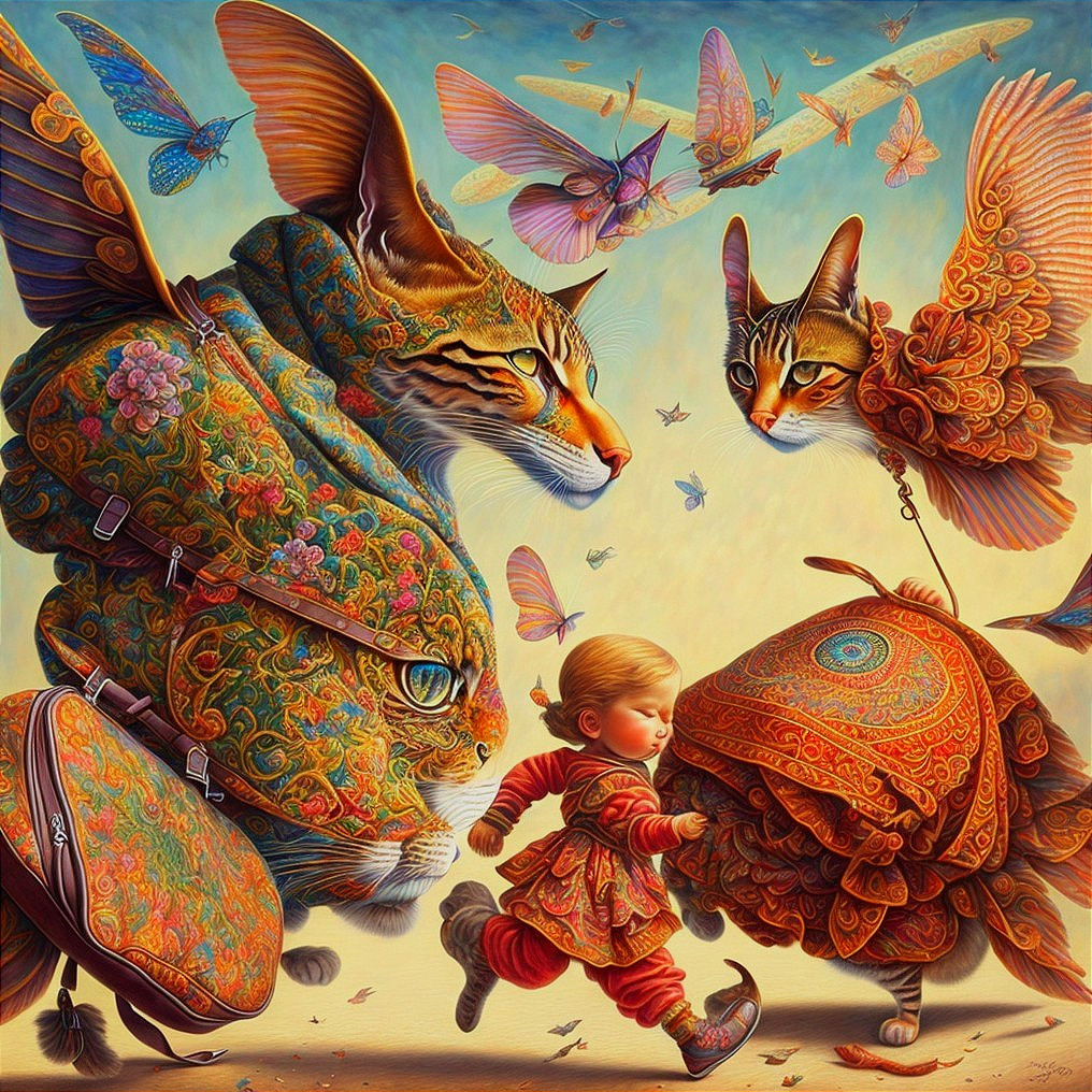 Whimsical Scene with Colorful Cats and Child