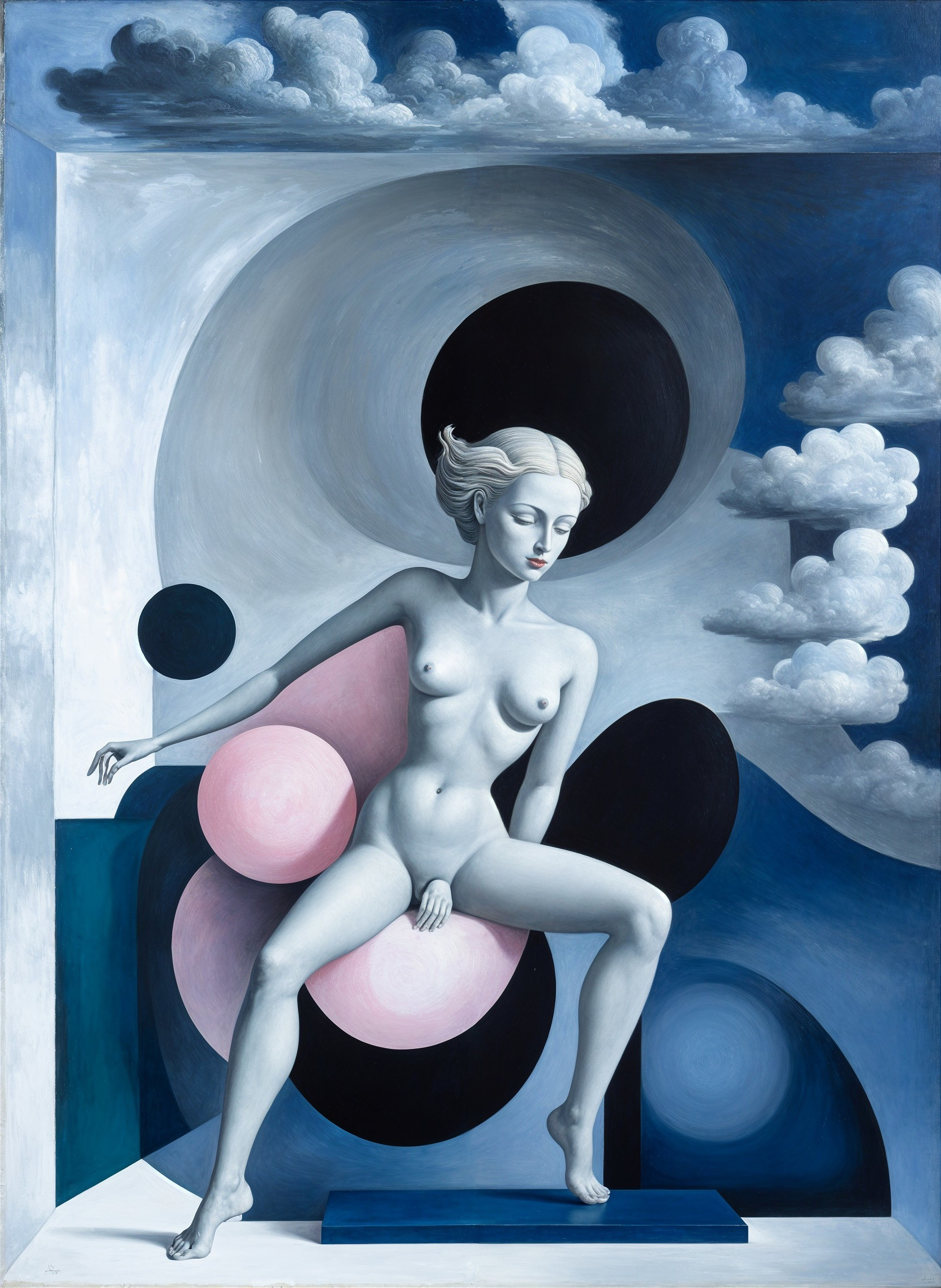 Nude Figure Surrounded by Geometric Shapes and Clouds