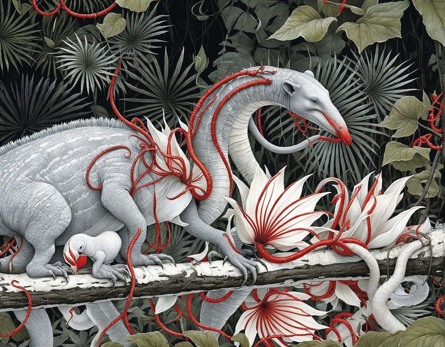 Surreal Dinosaur-Like Creature Among Vibrant Foliage