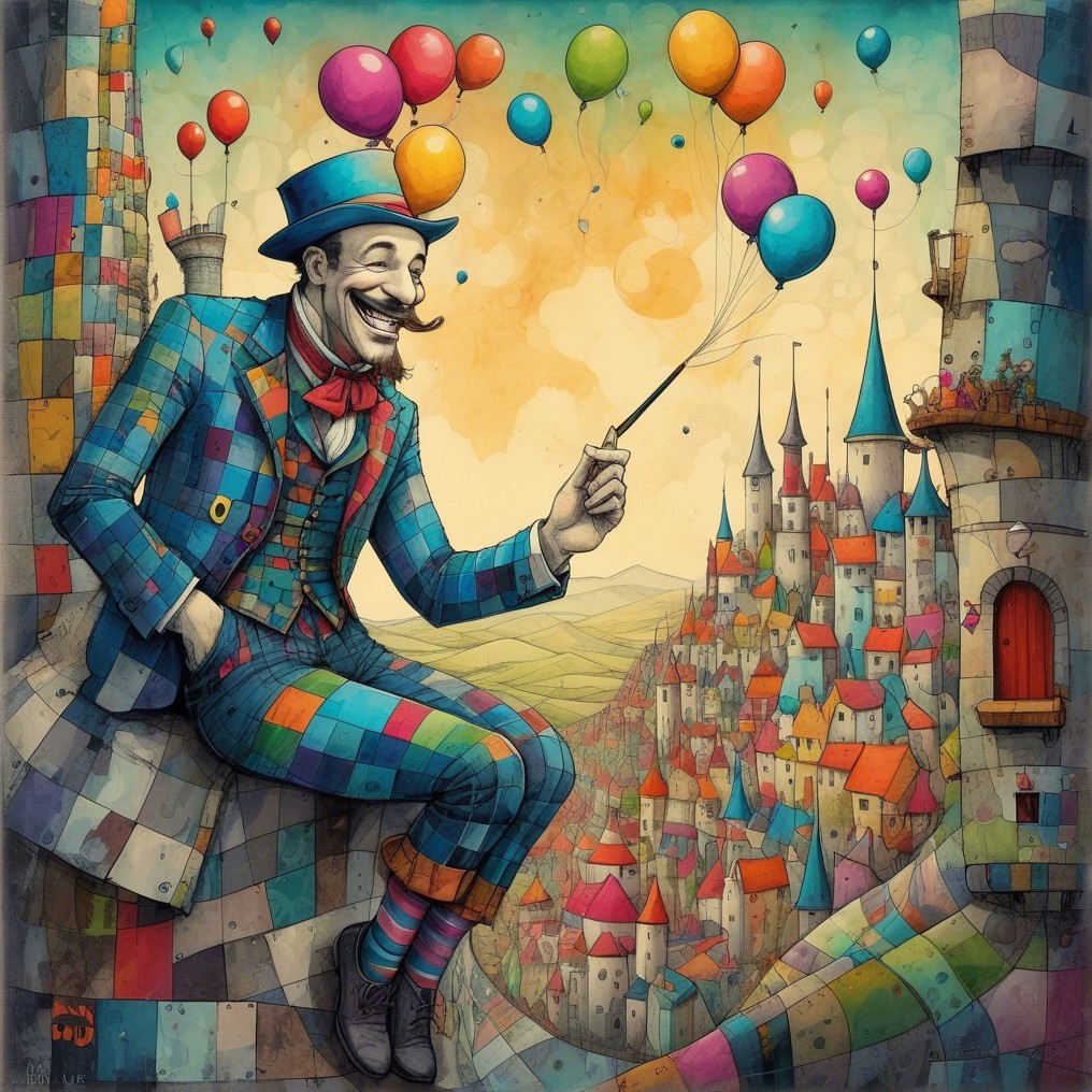 Colorful Illustration of a Man with Balloons and Castle