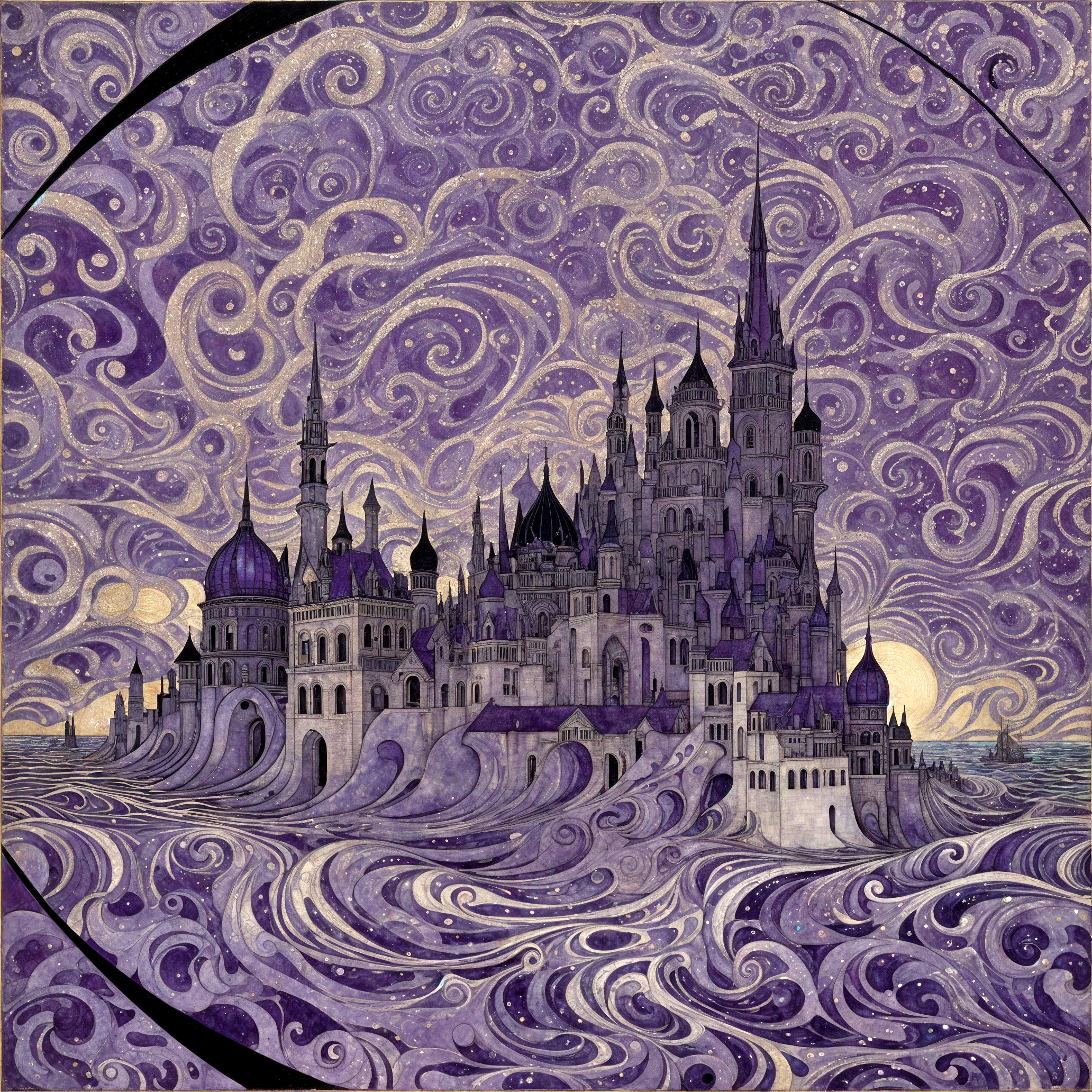 Whimsical Castle Against a Purple Sky and Waves