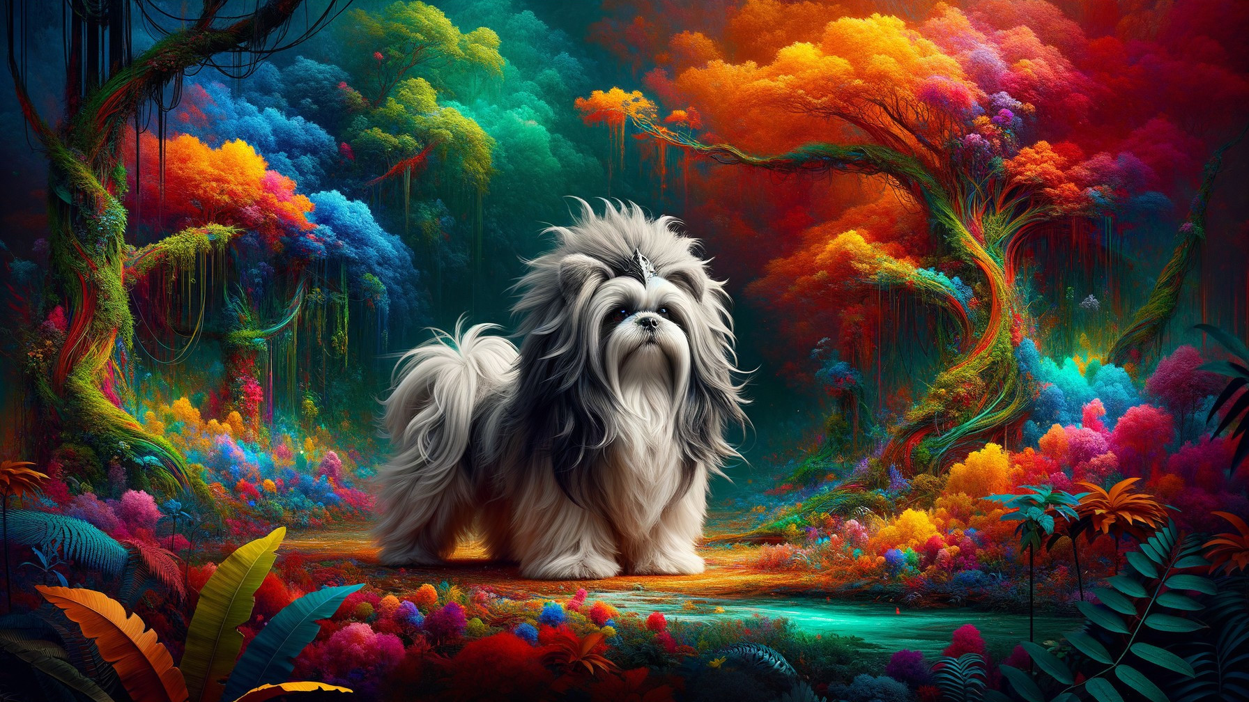 Fluffy Dog in a Colorful Fantastical Forest