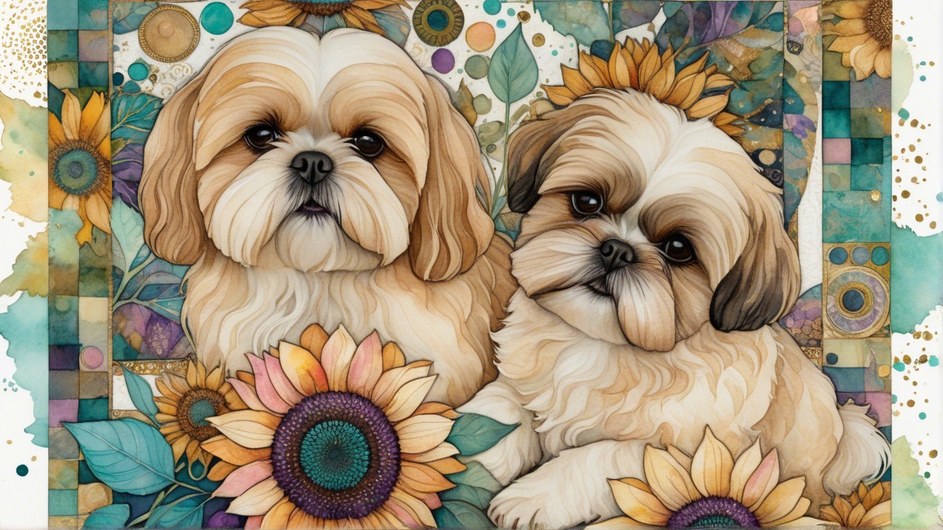 Shih Tzu Dogs Surrounded by Sunflowers and Patterns
