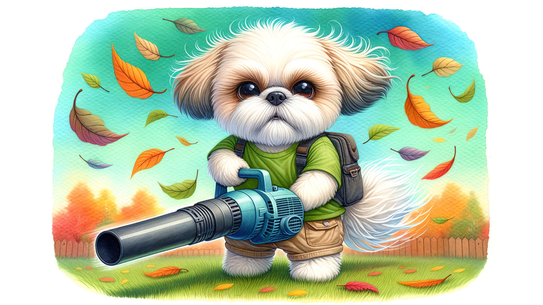 Cartoon Dog in Green Outfit with Leaf Blower in Fall