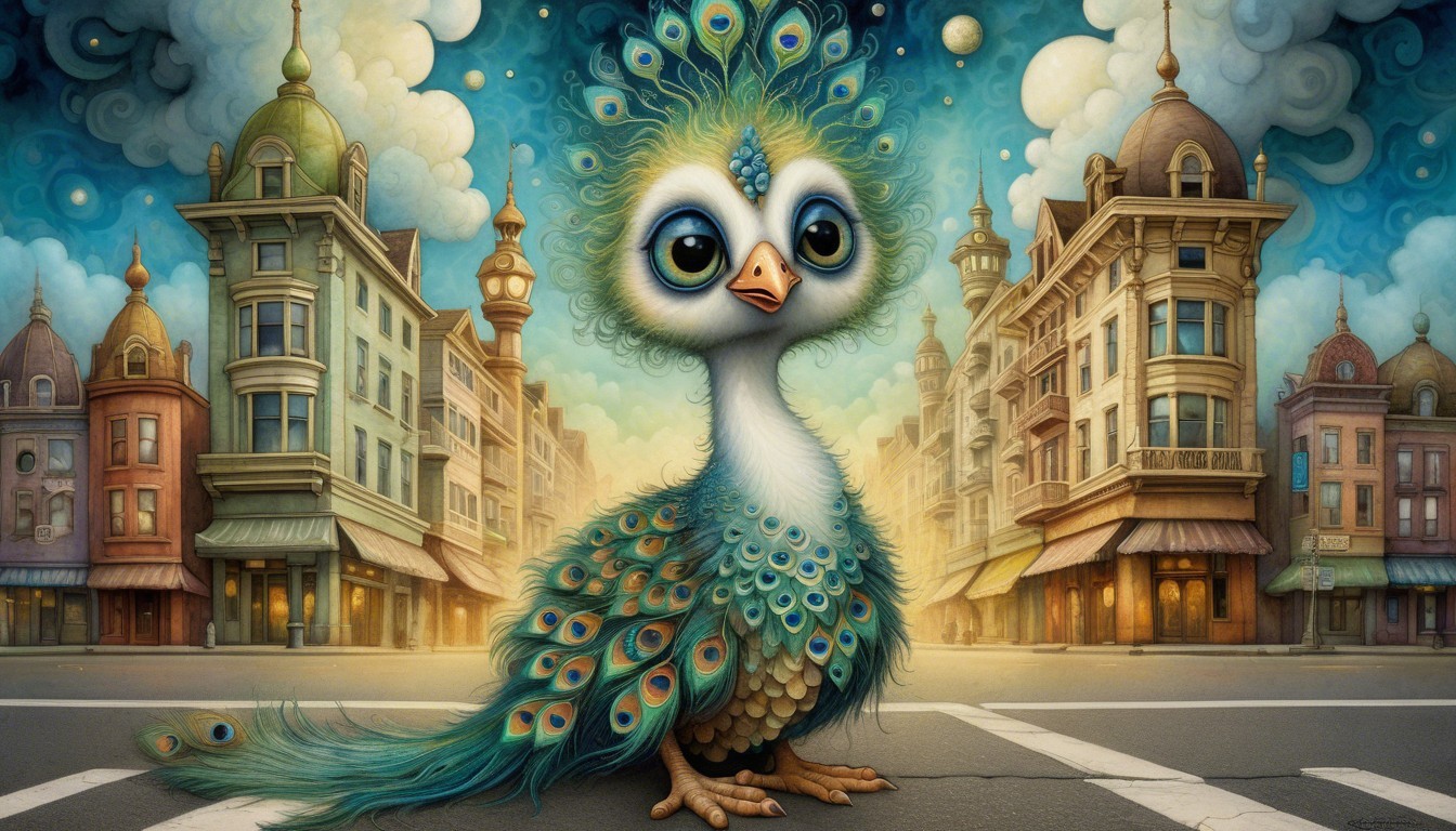 Cartoonish Peacock Chick in Vibrant Cityscape