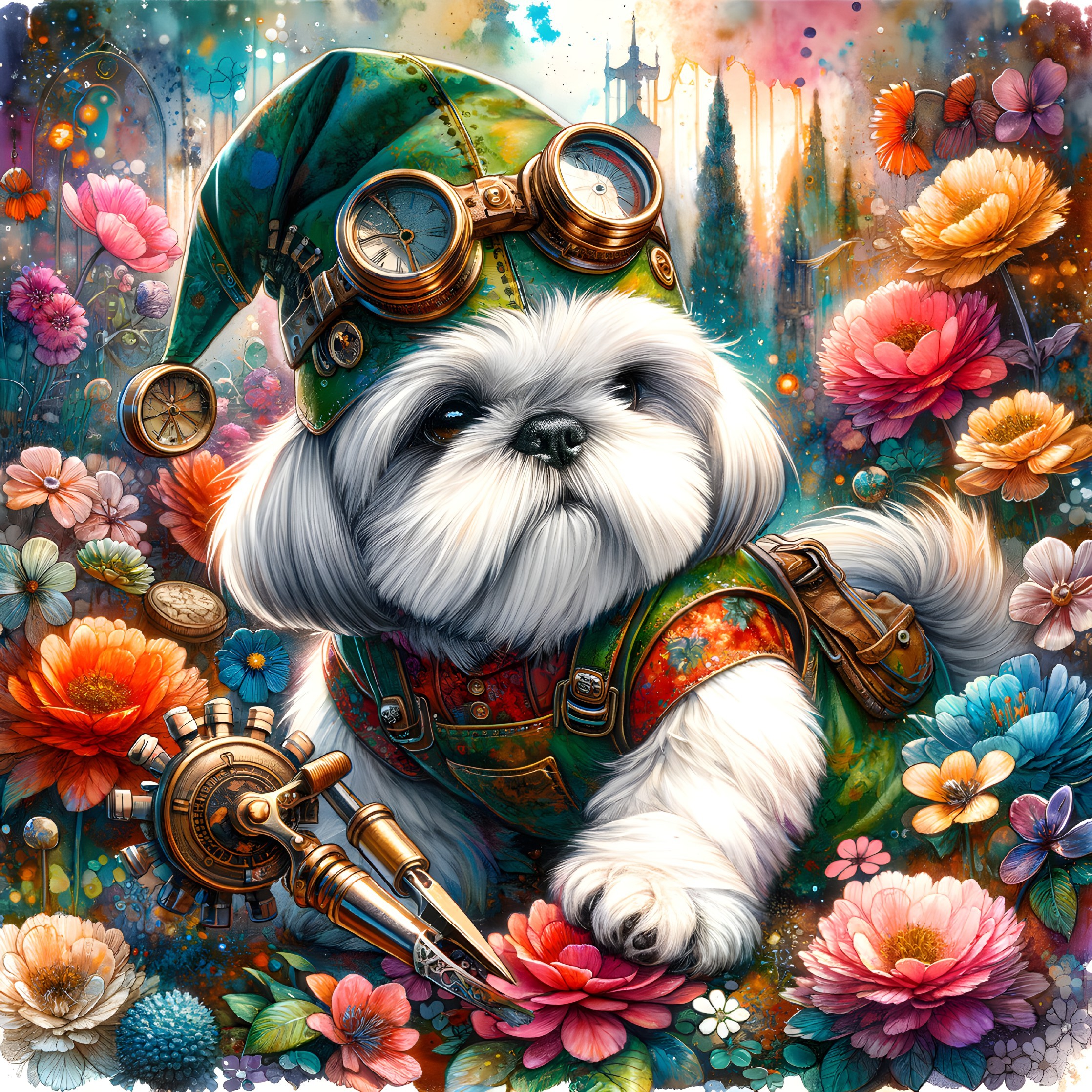 Whimsical Dog in Steampunk Outfit Surrounded by Flowers