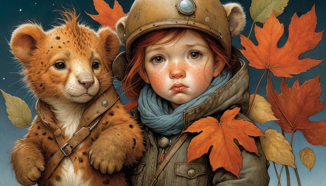Young girl with red hair and lion cub in autumn scene