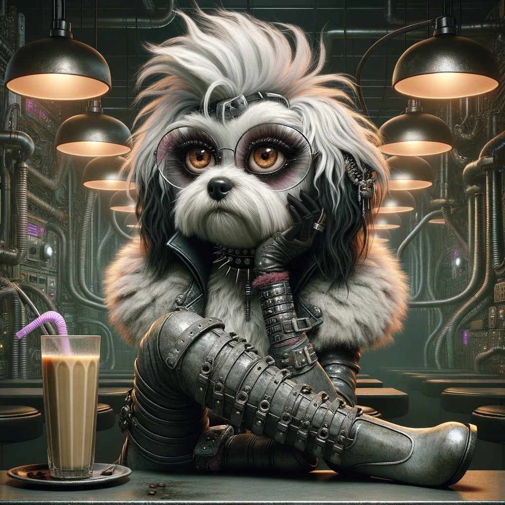 Punk Rock Dog with Milkshake in Industrial Setting