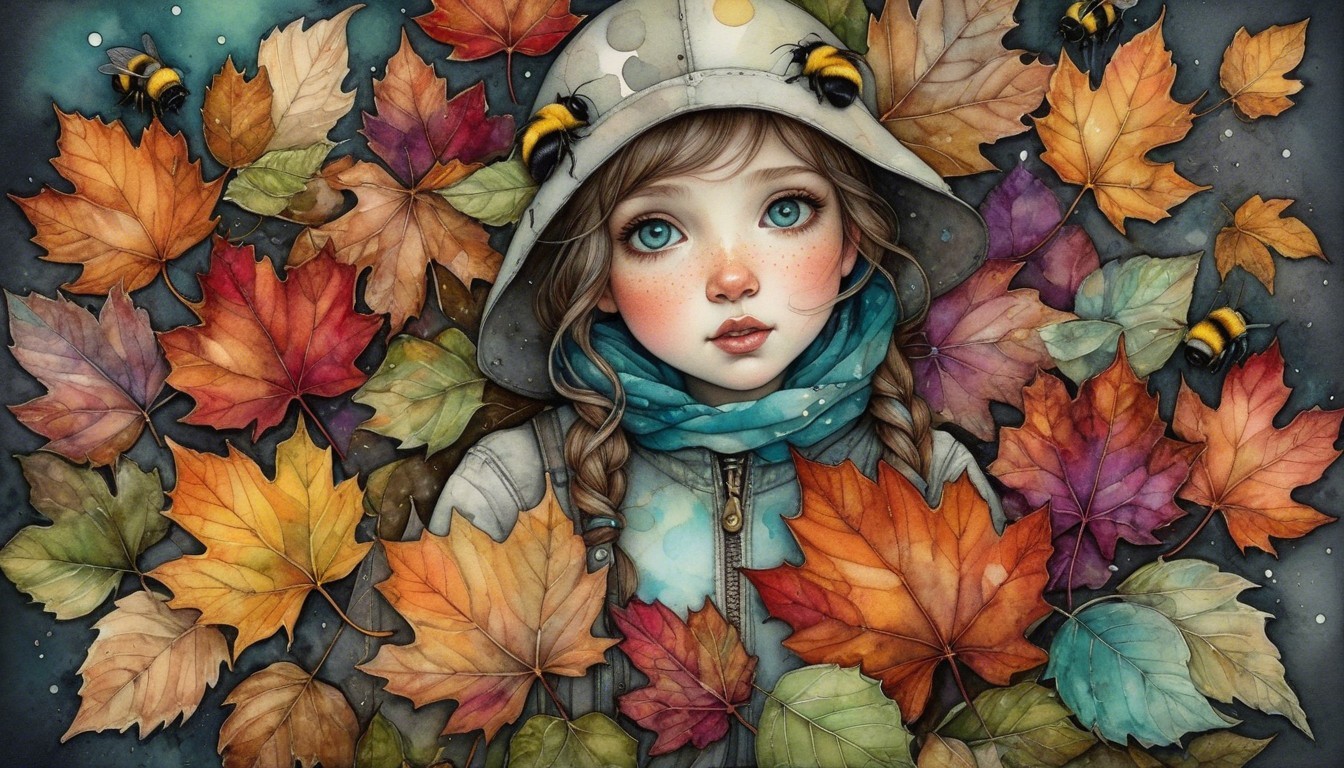 Young girl in playful jacket among autumn leaves