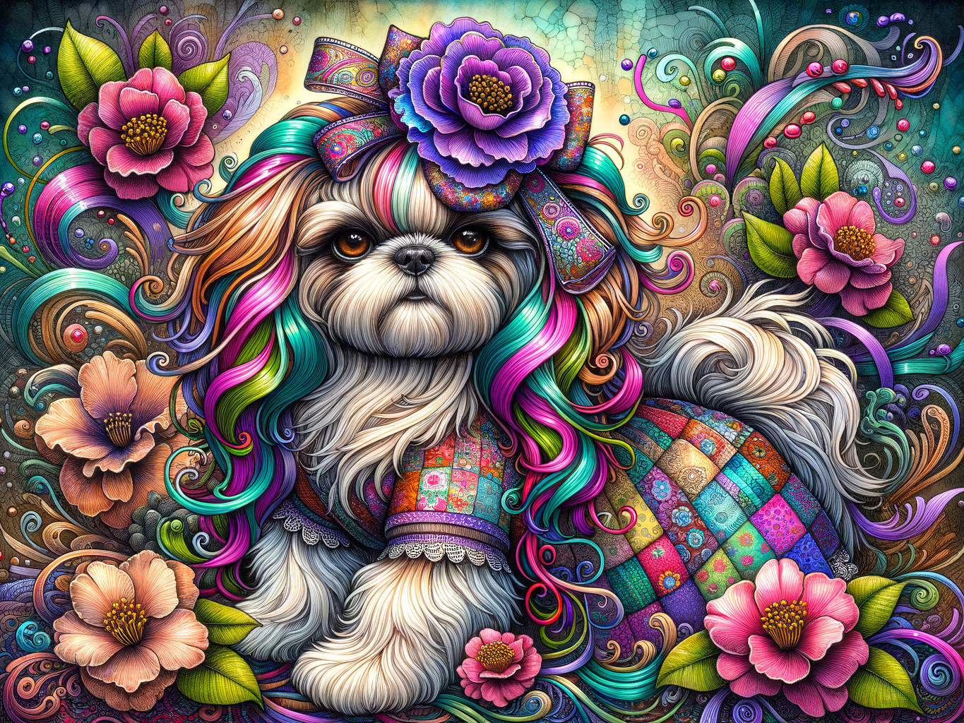 Colorful Illustration of a Shih Tzu with Flowers