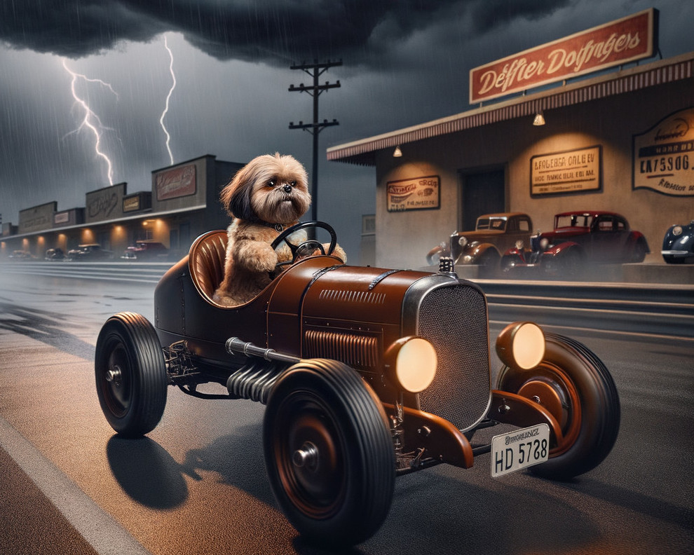 Fluffy Dog in Vintage Toy Car on Rainy Street