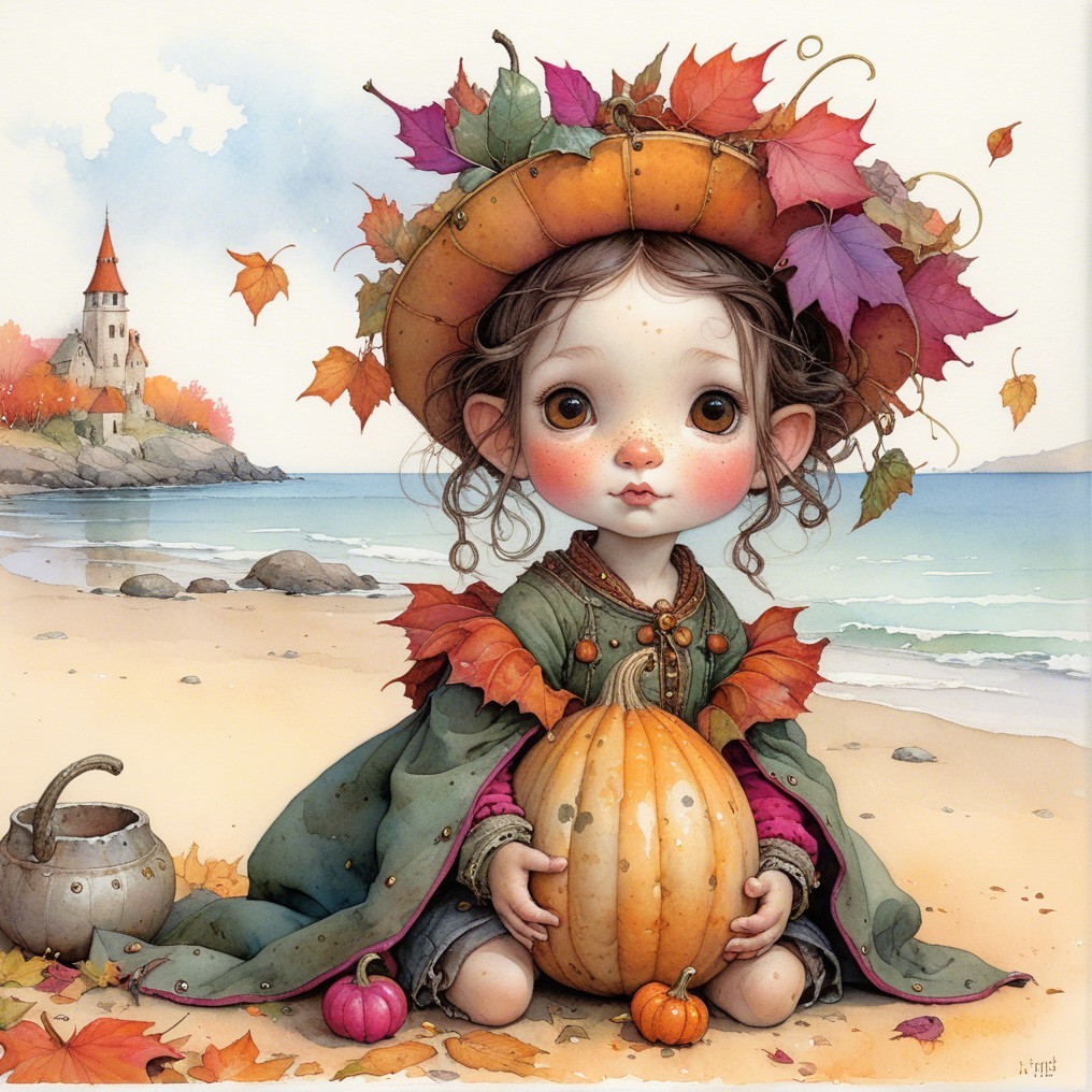 Whimsical Beach Scene with Girl and Pumpkins