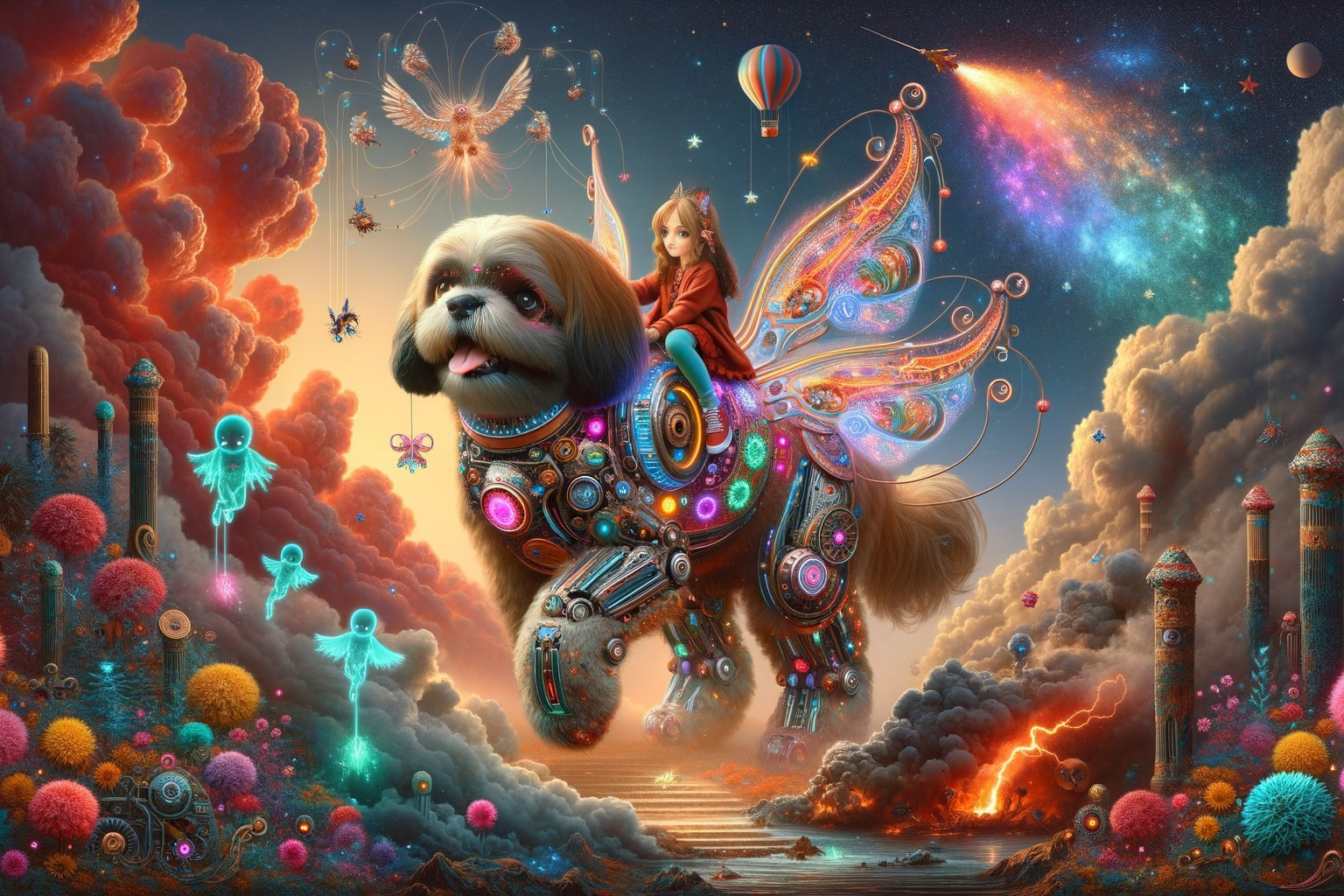Mechanical Dog with Girl in a Whimsical Landscape
