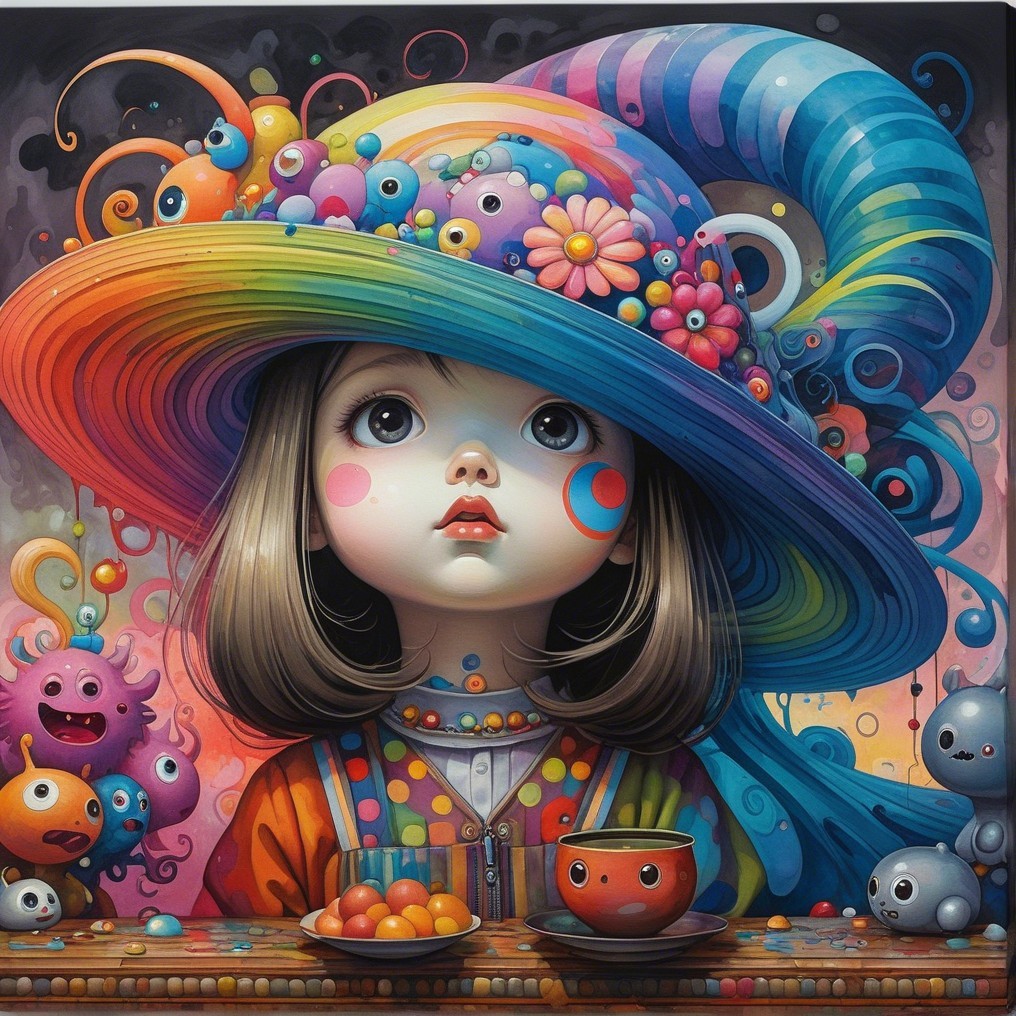 Whimsical Illustration of a Girl with Colorful Creatures